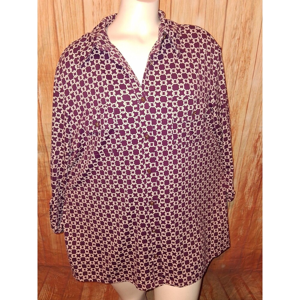 Charter Club Purple Geometric 3/4 Roll Tab Sleeve Button Up Blouse Sz 2X